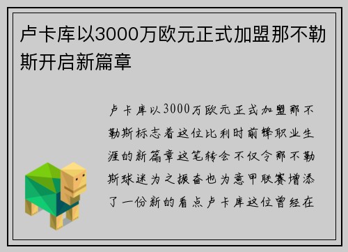 卢卡库以3000万欧元正式加盟那不勒斯开启新篇章