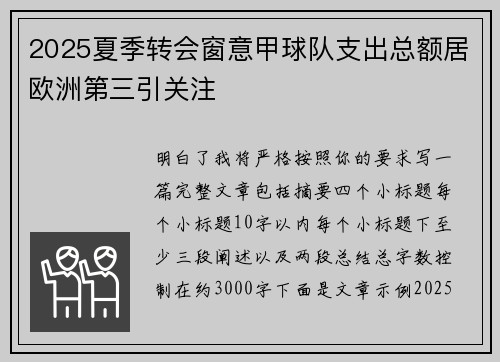 2025夏季转会窗意甲球队支出总额居欧洲第三引关注